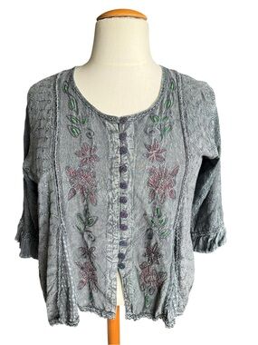 Flower Plus Size Gray Embroidered Boho Tunic Top Lagenlook Fairy Grunge